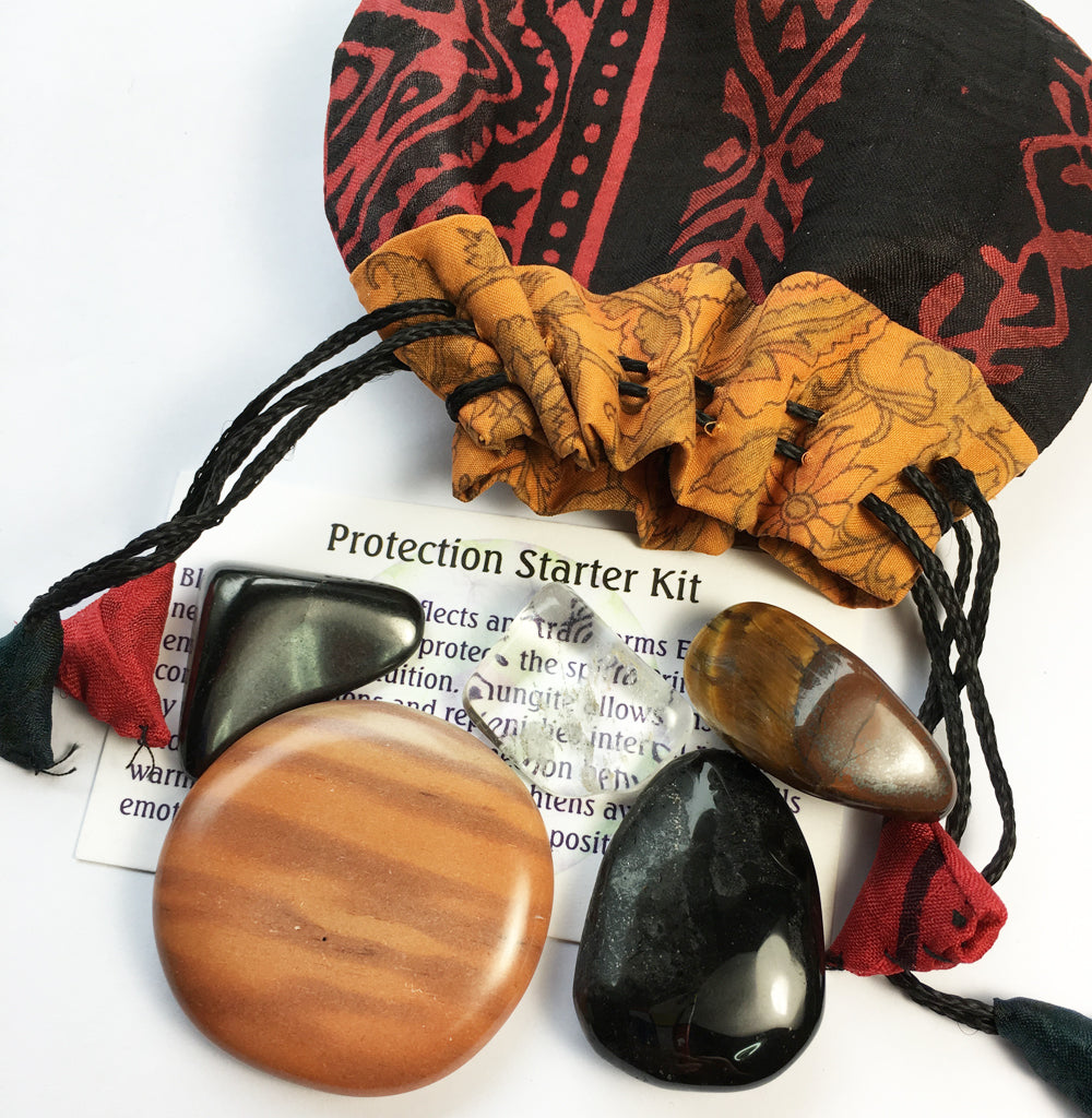 Protection Stones - Starter crystal kit of five stones in a silk sari drawstring pouch