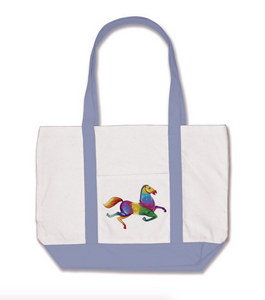 Psychedelic Horse by Kyle MacDuggle Natural Cotton Tote with Periwinkle Blue Straps and Base
