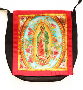 Guadalupe Crowned with Embellished Roses Cotton Black Denim Messenger Bag