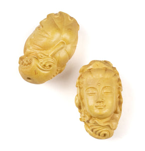 Quan Yin Bead Carved Boxwood Ojime Bead with Lotus Leaves