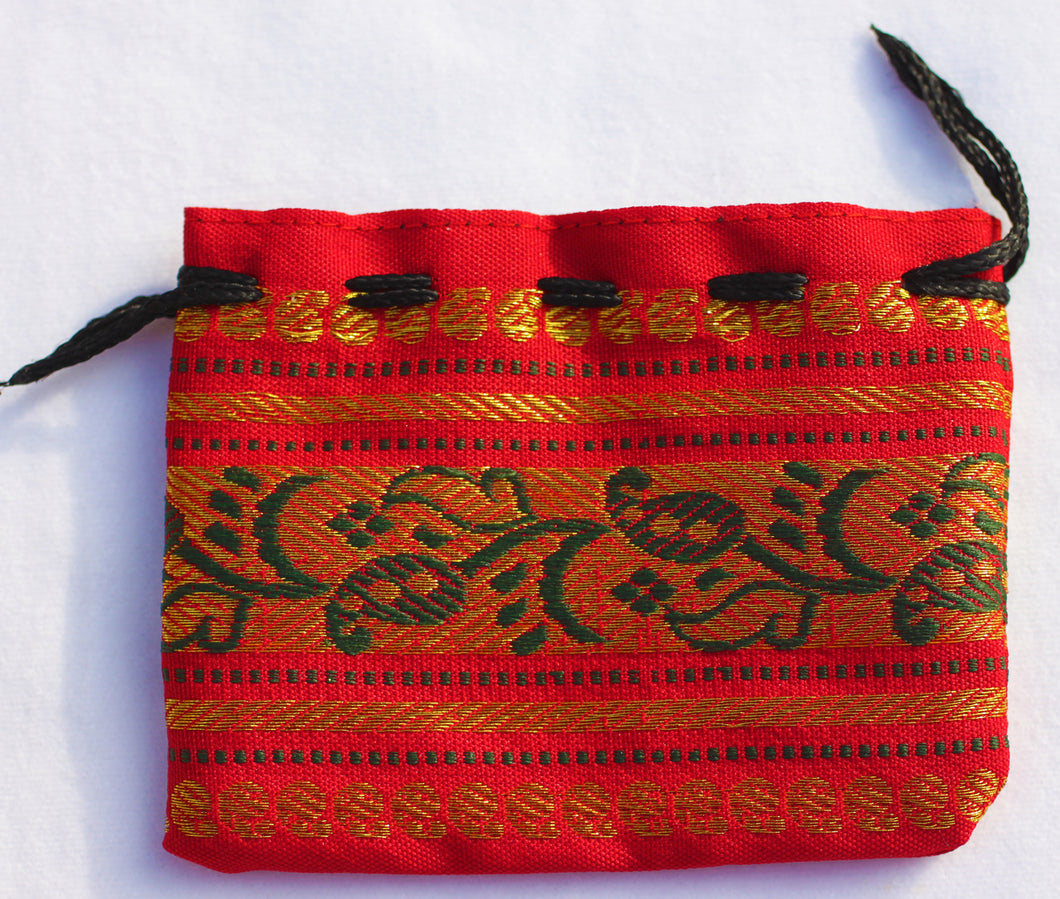 Red Silk Brocade, Black Cotton-lined Zari Drawstring Pouch