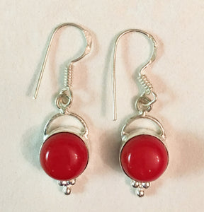 Red Coral Round Cabs Sterling Silver Dangle Earrings