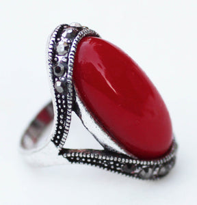 Red Coral Ring in Marcasite Studded Setting - Size 6-1/2