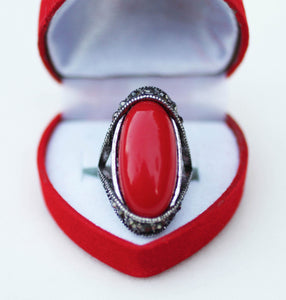 Red Coral Ring in Marcasite Studded Setting - Size 6-1/2