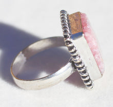 Load image into Gallery viewer, Rhodochrosite Ring with squiggle sterling silver plated copper size 7.25 ring setting - a master balancing crystal
