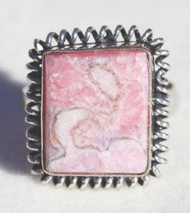 Rhodochrosite Ring with squiggle sterling silver plated copper size 7.25 ring setting - a master balancing crystal