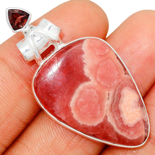 Rhodochrosite Pendant with Garnet in Sterling Silver with a Tube Bail
