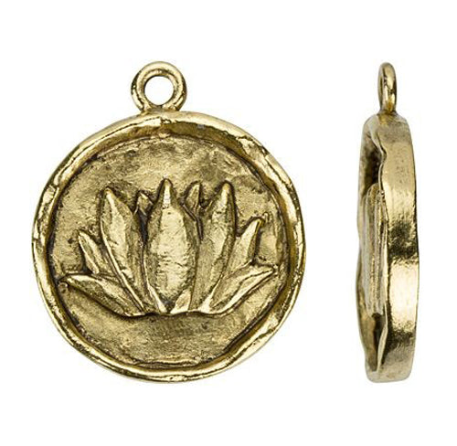 Rustic Gold Plated Pewter Round Lotus Pendant Necklace or Charm