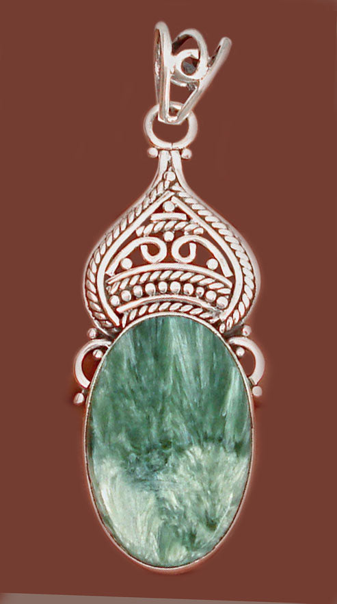 Siberian Seraphinite Pendant with Silver Filigree - stone of angels and joy