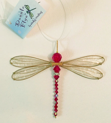 Dragonfly Suncatcher Small Mobile with Siamese Red Swarovski Crystals and Gold Wings