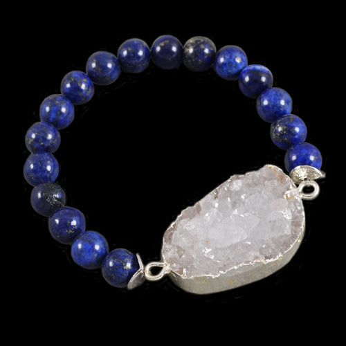 Quartz Druzy Focal Bead in Silver with Lapis Lazuli Bead Bracelet