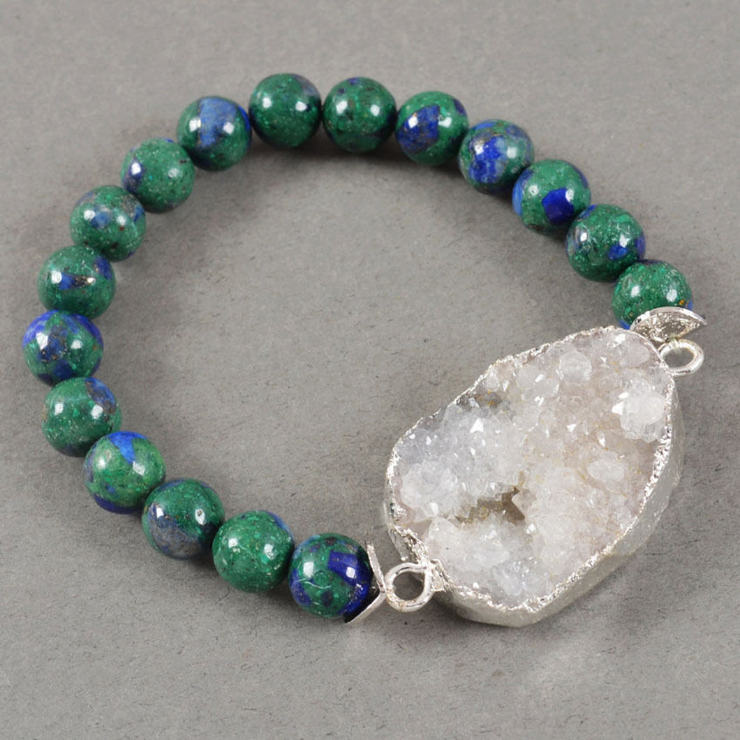 Quartz Druzy Focal Bead in Silver with Lapis Lazuli - Malachite Bead Bracelet