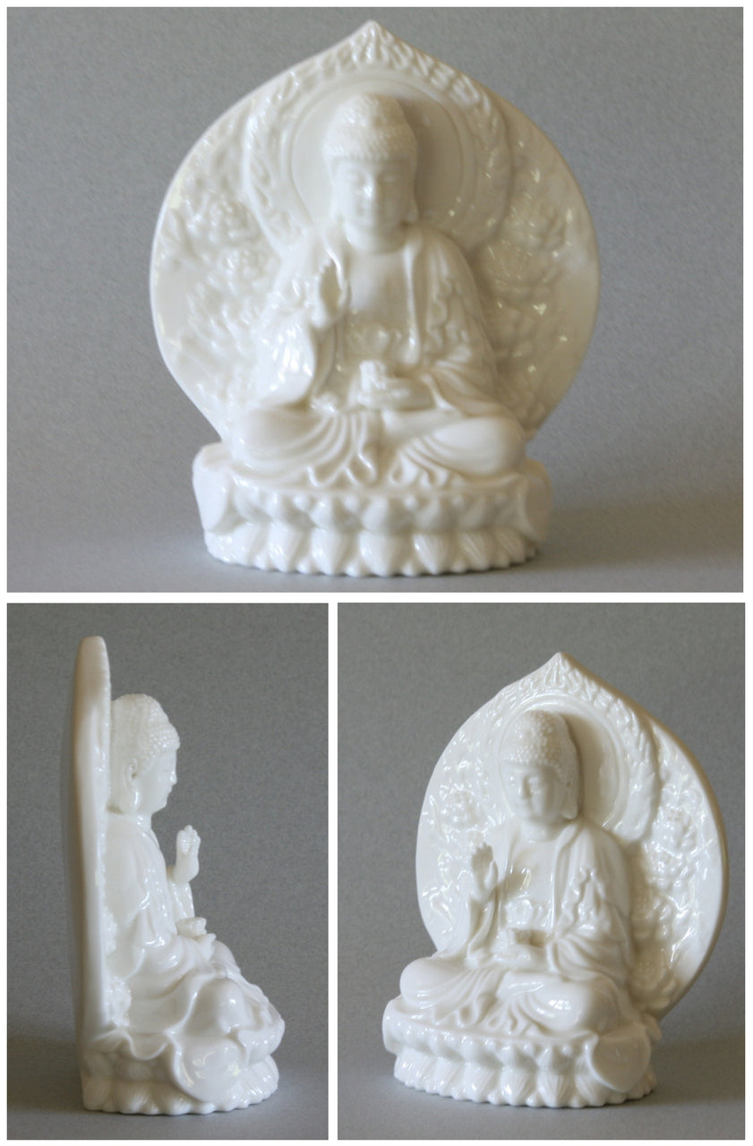 Sitting Buddha Statue with Wreath of Fire in Blanc-de-Chine Porcelain