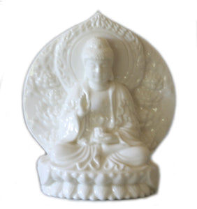 Sitting Buddha Statue with Wreath of Fire in Blanc-de-Chine Porcelain