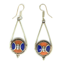 Load image into Gallery viewer, Lapis Lazuli Earrings with Red Coral Nepalese Sterling Silver Priestess Moon Earrings