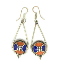 Load image into Gallery viewer, Lapis Lazuli Earrings with Red Coral Nepalese Sterling Silver Priestess Moon Earrings