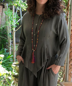 Tienda Ho Moroccan Sage Green Cotton Rayon Najma Tunic Top that is reminiscent of Sherwood Forest