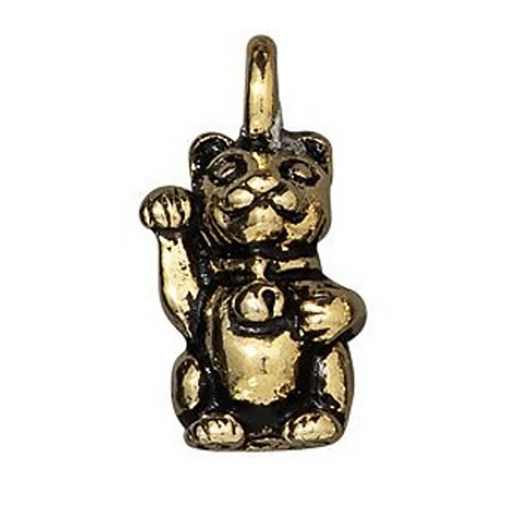 Lucky Cat or Maneki-Neko or Beckoning Cat Oxidized Brass Charm