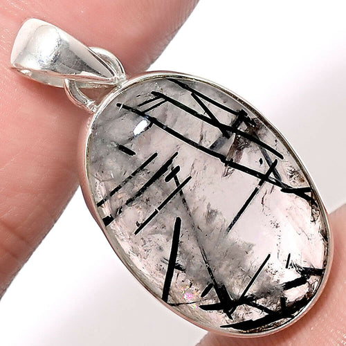 Black Tourmalinated Quartz Pendant in Sterling Silver