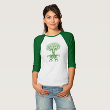 Load image into Gallery viewer, Celtic Tree of Life and Love Ladies Bella Baseball Jersey Tee in Green