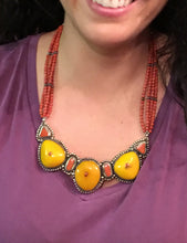 Load image into Gallery viewer, Yellow and Red Coral Bib Necklace with Turquoise in Tibetan Silver