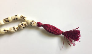 Water Buffalo Bone Skull 62 Inch Mala Prayer Beads with Burgundy Red Silk Tassel
