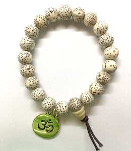 White Lotus Seed Mala Bracelet with Gold-Tone Om Charm