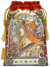 Load image into Gallery viewer, Mucha Astrologer Queen of Swords Tarot Bag made from Vietnamese Silk in Burnt Orange