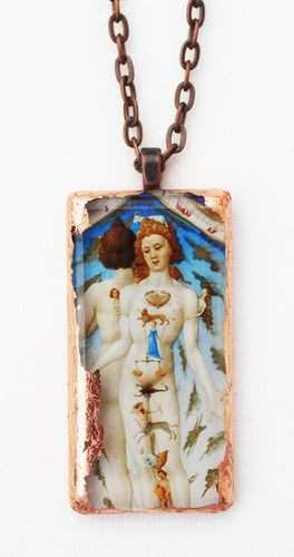 Anatomical Zodiac Man Copper-Coated Glass Tile Pendant on Distressed 24 inch Copper Chain