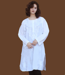 White Cotton Night Shirt with Embroidered Long-Sleeves - One Size up to XL
