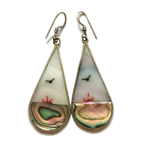 Vintage Mother of Pearl and Abalone Inlay Earrings Sun on Horizon