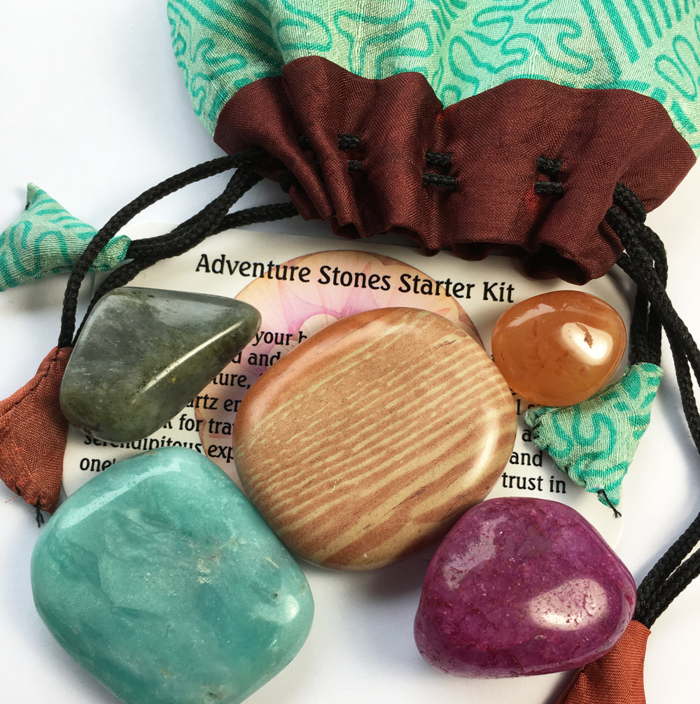 Adventure Stones starter set of five stones in a silk sari drawstring pouch