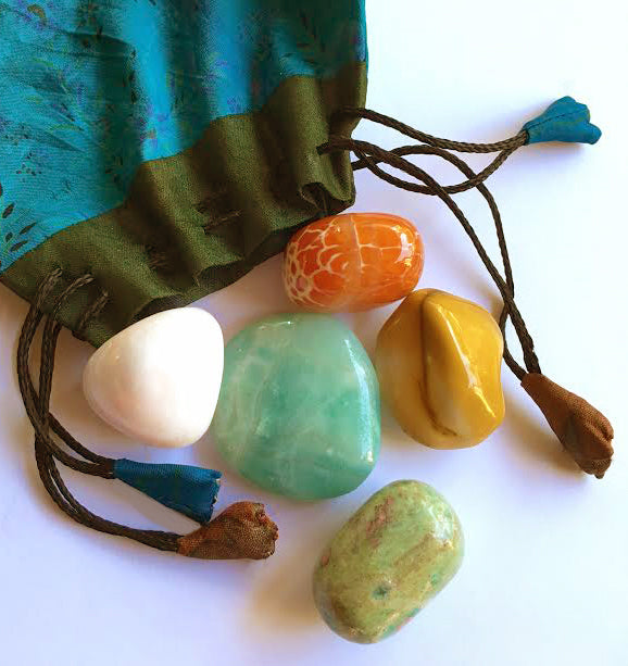 Adventure Stones master set of five stones in a silk sari drawstring pouch