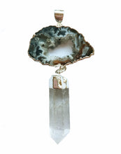 Load image into Gallery viewer, Brazilian Oco Geode Black Agate Druzy Slice and Quartz Point Pendant with Sterling Silver