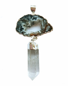 Brazilian Oco Geode Black Agate Druzy Slice and Quartz Point Pendant with Sterling Silver