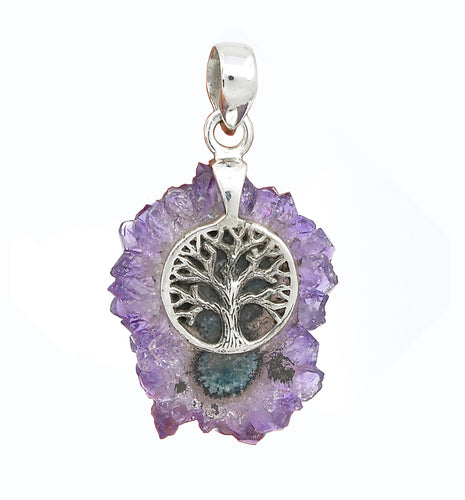 Celtic Tree of Life Silver Pendant with Gorgeous Amethyst Stalactite