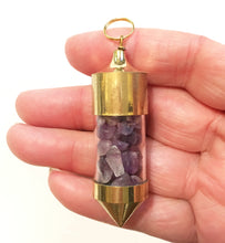 Load image into Gallery viewer, Gold plated Capped Bottle Pendant filled with Amethyst Chips