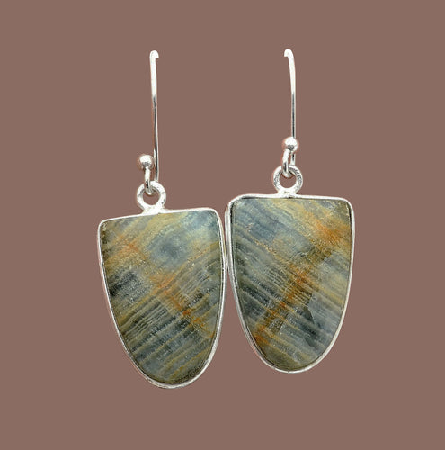 Aragonite Earrings in Shield Shape with amazing plaid pattern