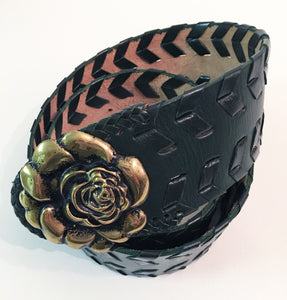 Boho Leather Belt in Basil Green with whip stitching design.  M/L