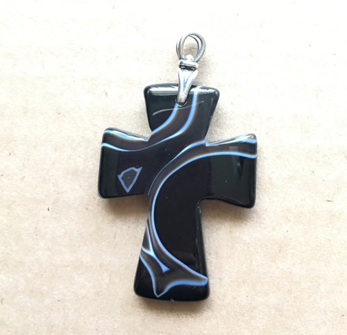 Black Onyx Cross with sterling silver Art Deco style torch bail