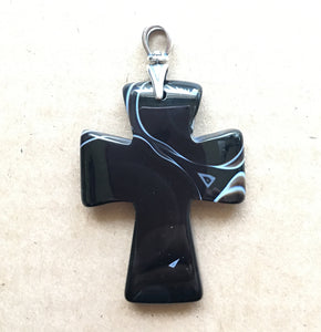 Black Onyx Cross with sterling silver Art Deco style torch bail