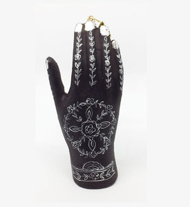 Black Hand with Henna Style White Mehndi Design and Silver Nails Ornament
