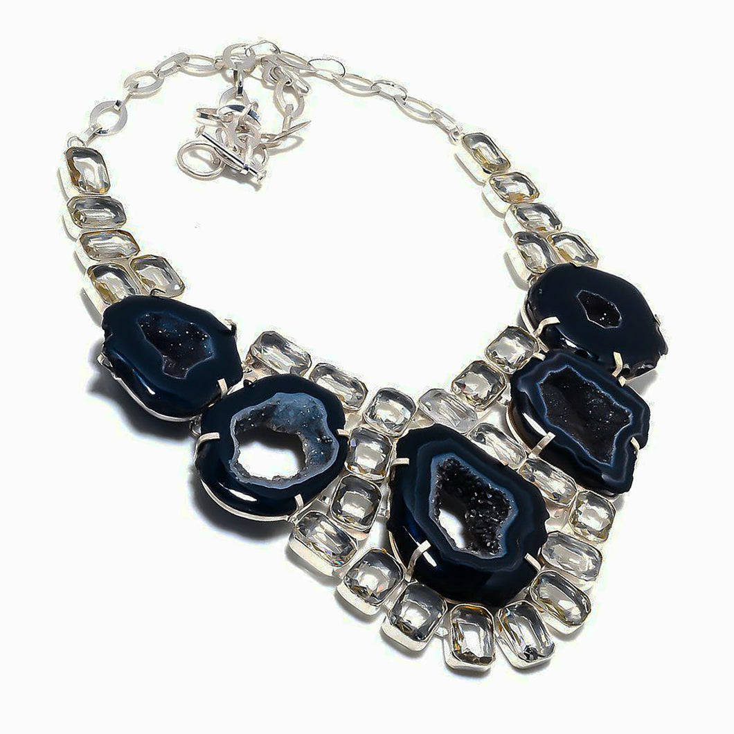 Black Botswana Agate with Druzy and Faceted White Topaz Gems Statement Collar Necklace