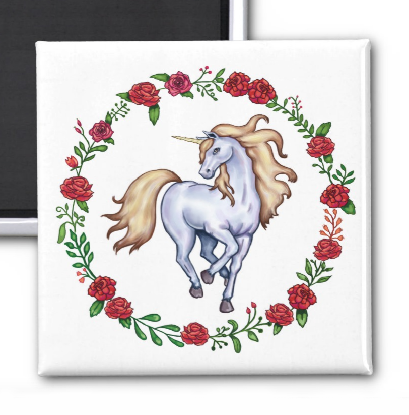 Unicorn Encircled in Red Roses Square Refrigerator Magnet
