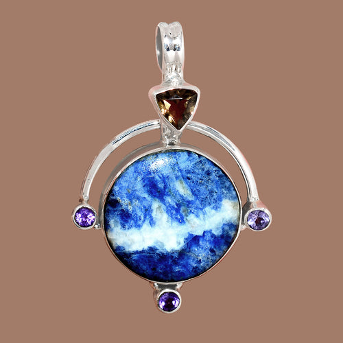 Sodalite pendant with Smoky Topaz and Amethyst