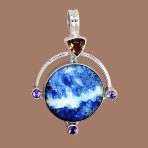 Sodalite pendant with Smoky Topaz and Amethyst