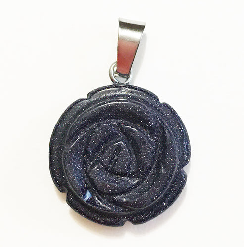 Blue Goldstone Pendant Carved Rose Small Size