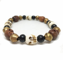 Load image into Gallery viewer, Bone and Boxwood Skull Beads Mala Bracelet with Brass and Ebony Beads