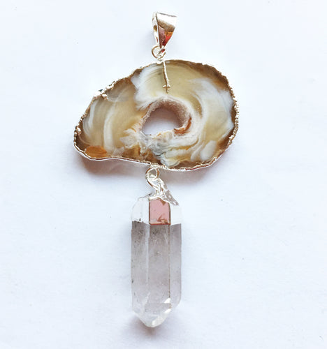 Brazilian Oco Geode Brown Agate Druzy Slice and Quartz Point Pendant with Sterling Silver