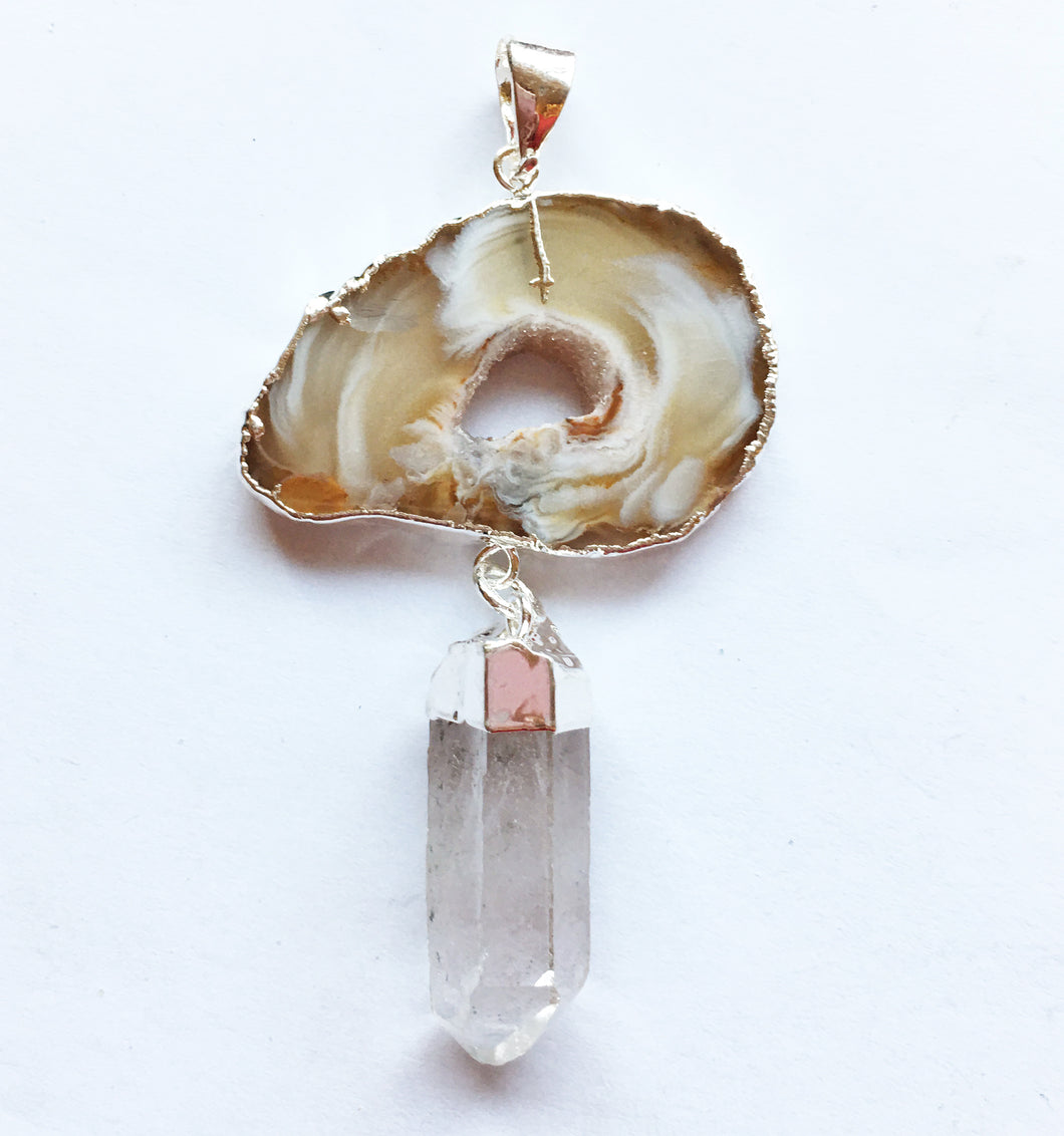 Brazilian Oco Geode Brown Agate Druzy Slice and Quartz Point Pendant with Sterling Silver